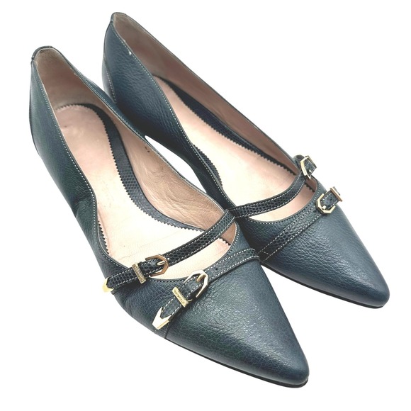 Santoni Shoes - Vintage Santoni Italy Double Buckle Pointed Flats Teal Blue Pebble Leather 7.5